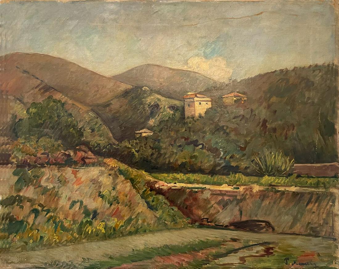 PIERO MARUSSIG Strada Ligure (Paesaggio).: Strada Ligure (Paesaggio). 1932. Oil on canvas . Cm 90,00 x 75,00. Signature lower right. At the back XVIII Esposizione Biennale Internazionale d'Arte di Venezia, 1932, label and Italienische Kunst Au