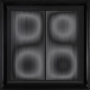 ALBERTO BIASI Forme energiche.: Forme energiche. 1999. Mixed media on board. Cm 50,00 x 50,00 x 4,00. At the back title, signature, year and artist's stamp. Artist's authenticity certificate on photo with Alberto Biasi Archive dry s