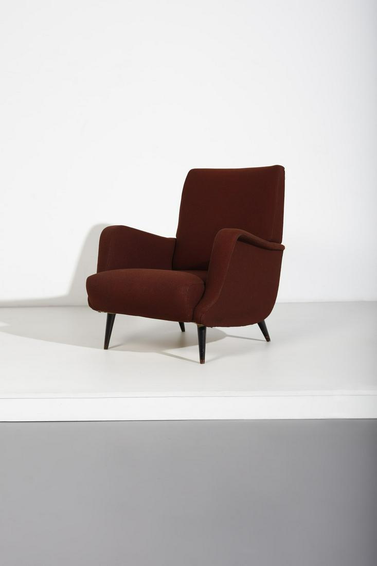 CARLO DE CARLI 801 armchair for Cassina.: 801 armchair for Cassina. Wood and padded fabric.. Cm 80,00 x 77,00 x 74,00. Literature: Gramigna G., Repertorio del design italiano per l'arredamento domestico, 1950- 2000, Ed. Umberto Allemandi & C.