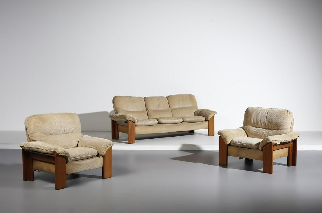 MARIO MARENCO Sofa and pair of armchairs for: Sofa and pair of armchairs for Mobilgirgi. Ash wood and fabric.. Cm 102,00 x 88,00 x 84,00. 1970s. Sofa: 88 x 210 x 84 cm