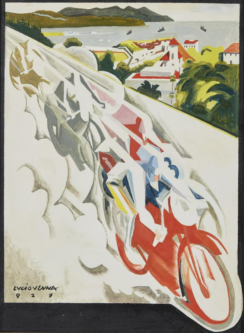 LUCIO VENNA Motocicletta in movimento.: Motocicletta in movimento. 1927. Oil on cardboard. Cm 37,00 x 51,00. Signature and year lower left. Frame present
