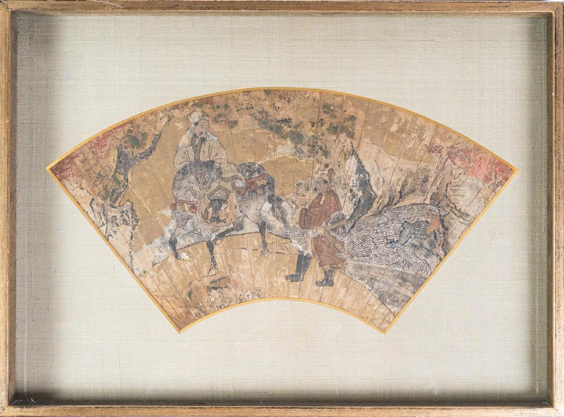 ARTE GIAPPONESE  A paper folding fan decorated with characters riding Japan or Korea, 18th-19th (1 of 3)