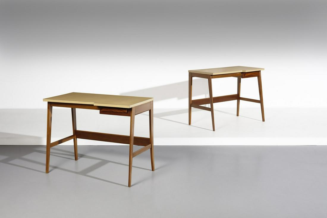 MANIFATTURA ITALIANA Pair of writing desks.: ITALIAN WORK Pair of writing desks. Wood and formica.. Cm 98,00 x 76,00 x 50,00. 1950s.