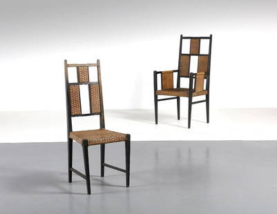 KOLOMAN MOSER attributed. Pair of chairs.: attributed. Pair of chairs. Wood and rattan.. Cm 45,00 x 110,00 x 52,00. Early twentieth century. Literature (for comparison sees): Sandra Tretter, ed., Koloman Moser 1868-1918, Vienna, 2007, p.