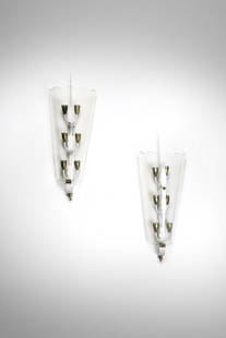 PIETRO CHIESA Pair of wall lamps for Fontana Arte.: Pair of wall lamps for Fontana Arte. Brass, painted metal and cut crystal.. Cm 30,00 x 84,00 x 17,00. 1940s.