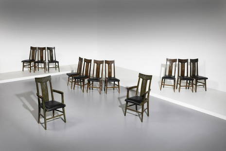 GIACOMO COMETTI Ten chairs and two armchairs.: Ten chairs and two armchairs. 1902. Linden wood.. Cm 42,00 x 102,00 x 45,00. Presented at the Turin Expo in 1902.Literature: R. Bossaglia, E. Godoli e M. Rosci, Torino 1902. Le Arti Decorative