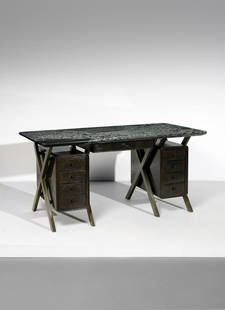 MARIO SALVADE' Writing desk.: Writing desk. Aniline-treated walnut wood and green Belgian marble.. Cm 161,00 x 76,00 x 81,00. Milan, 1948-1950. Unique piece.