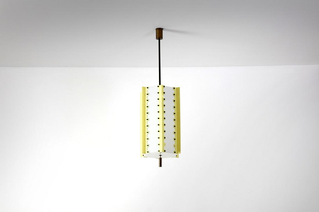 ANGELO LELLI Rare ceiling light, Arredoluce production.: Rare ceiling light, Arredoluce production. 1956. Aluminium, brass, miellato brass, duplex glass and colored perspex.. Cm 34,00 x 110,00. Literature (for the same series model): Pansera A., Padoan A.,