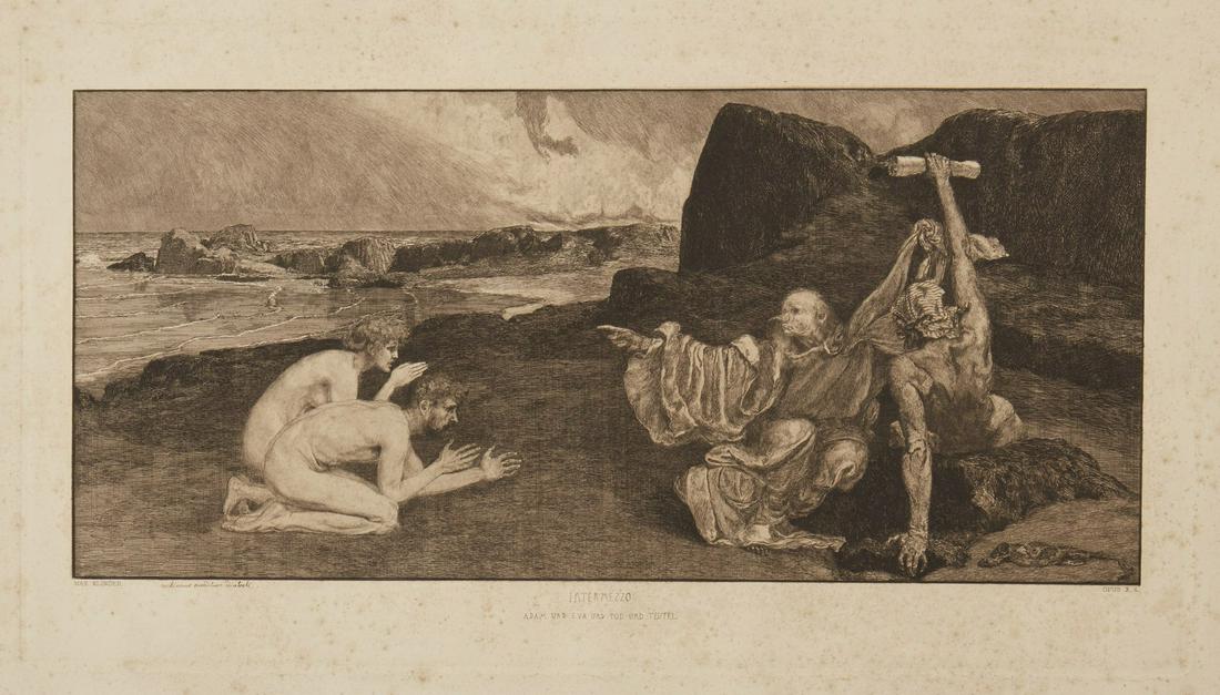 MAX KLINGER Adam, Eve, Death and the Devil.: Adam, Eve, Death and the Devil. Etching. Cm 41,00 x 19,00. Intermezzo from the serie "A Love (Eine Liebe)" (1883-87)Sheet size: 51.5x68.5 cm