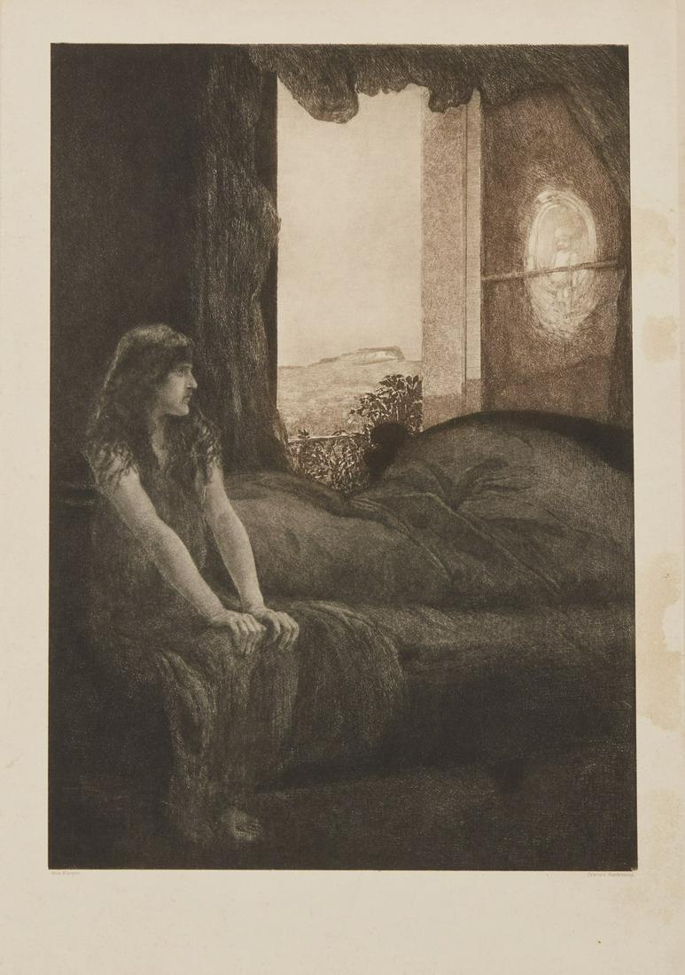 MAX KLINGER The awakening.: The awakening. Etching. Cm 24,50 x 34,00. Number VIII of the serie "A Love (Eine Liebe)" (1883-87)Sheet size: 47x34 cm