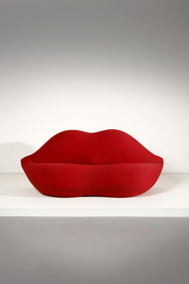 STUDIO 65 Bocca sofa for Gufram.: Bocca sofa for Gufram. 1970. Polyurethane foam and fabric.. Cm 200,00 x 80,00 x 80,00. Literature: F. Mello (a cura di), The Rock Furniture: Il Design della Gufram negli anni del Rock, Castello di Riv