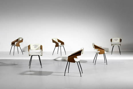 CARLO  RATTI Six chairs.: Six chairs. Lacquered metal, curved wood and fabric.. Cm 50,00 x 80,00 x 45,00. 1950s.