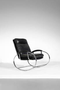 RENATO  ZEVI Ellipse rocking chair.: Ellipse rocking chair. Chrome steel and leather.. Cm 68,00 x 90,00 x 100,00. 1970s.