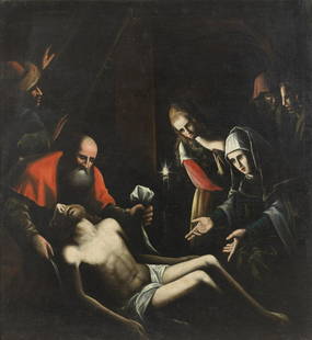 LUCA CAMBIASO The entombment of Christ.: The entombment of Christ. Oil on canvas . Cm 89,00 x 97,50. The artwork is accompanied by authenticity certificate on photo by Ugo Ruggeri. The expertise of the artworks has been lost. Frame present