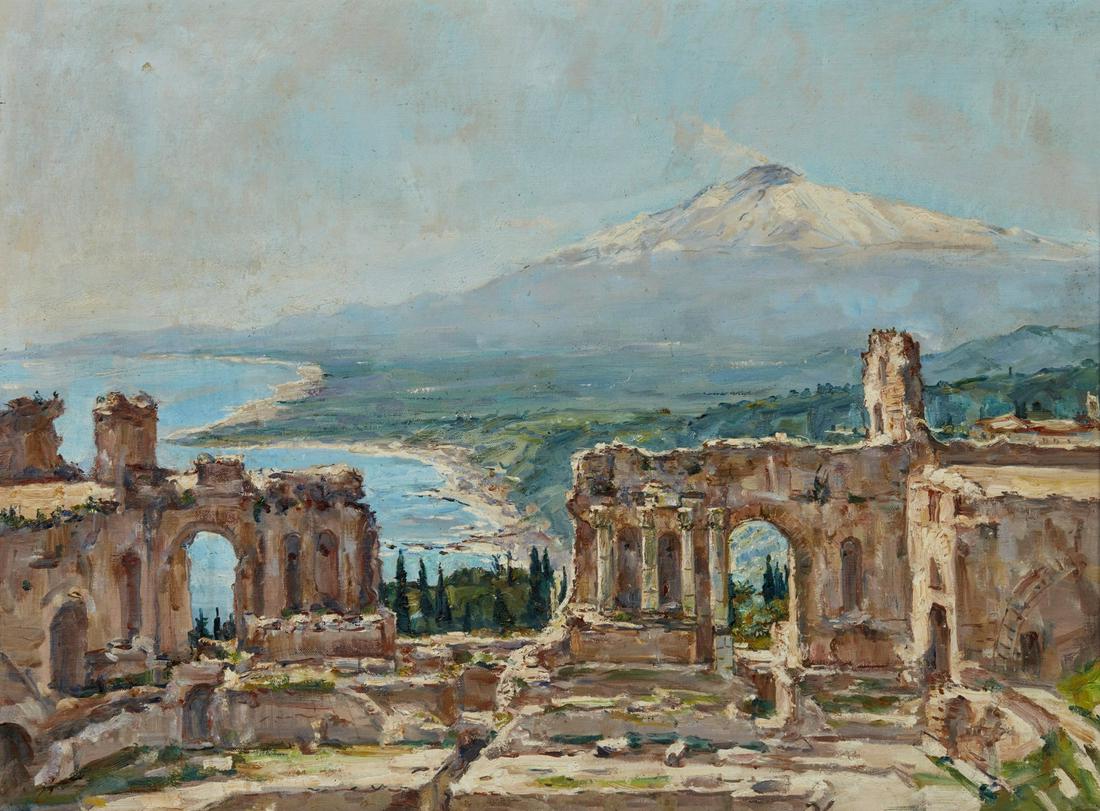 ARTISTA DEL XX SECOLO  View of the Greek theater of Taormina with Mount Etna in the background. (1 of 4)