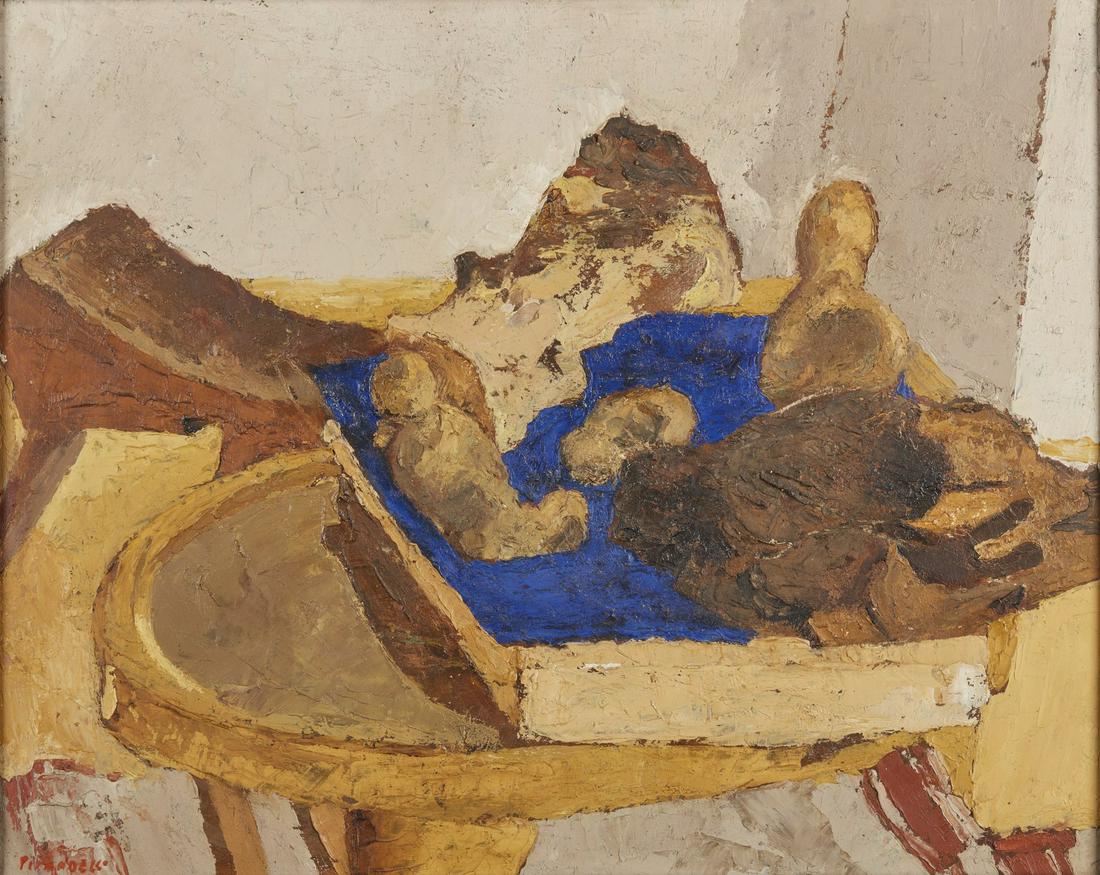 FAUSTO PIRANDELLO Natura morta.: Natura morta. Oil on board. Cm 50,00 x 40,00. 1928-1930. Signature lower left. Pierluigi Pirandello authenticity certificate on photo. Frame present