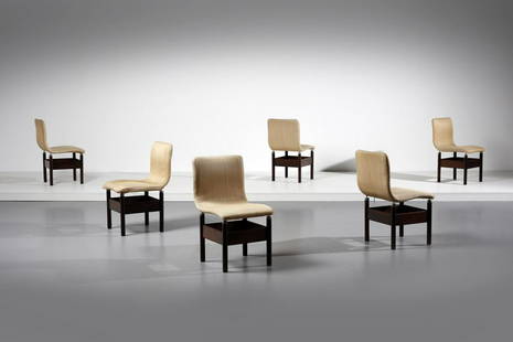 VITTORIO INTROINI Six Chelsea chairs for Saporiti.: Six Chelsea chairs for Saporiti. 1966. Wood and padded fabric.. Cm 45,00 x 88,00 x 50,00. Literature: Domus n. 440, July 1966, p. 85