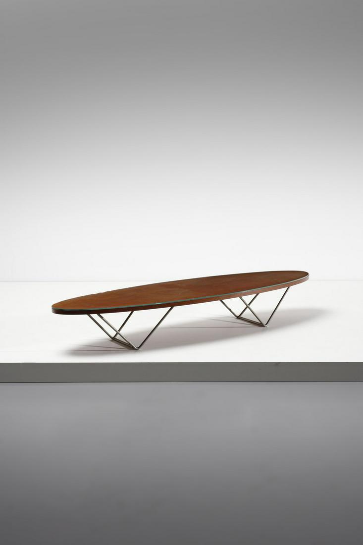 AUGUSTO BOZZI Coffee table for Saporiti.: Coffee table for Saporiti. Teak, metal and glass.. Cm 168,00 x 26,00 x 46,00. 1960s.