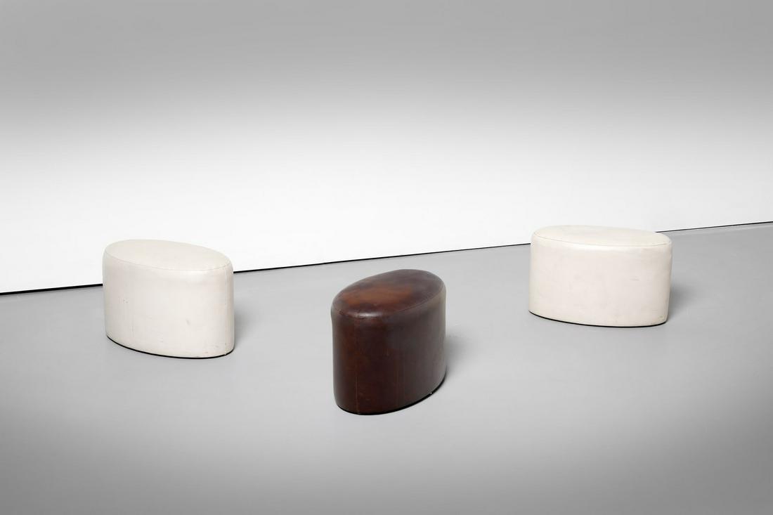 LOUIS PAOLOZZI Three footrests.: Three footrests. Wood and padding skai.. Cm 60,00 x 34,00 x 32,00. 1960s.