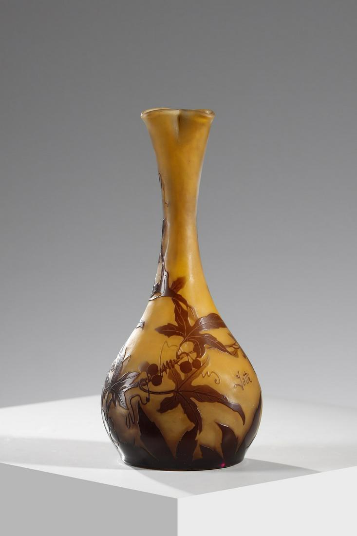 GALLÃ‰ Double glass vase, decorated with leaves in shades of brown, finely etched with acid on a (1 of 7)