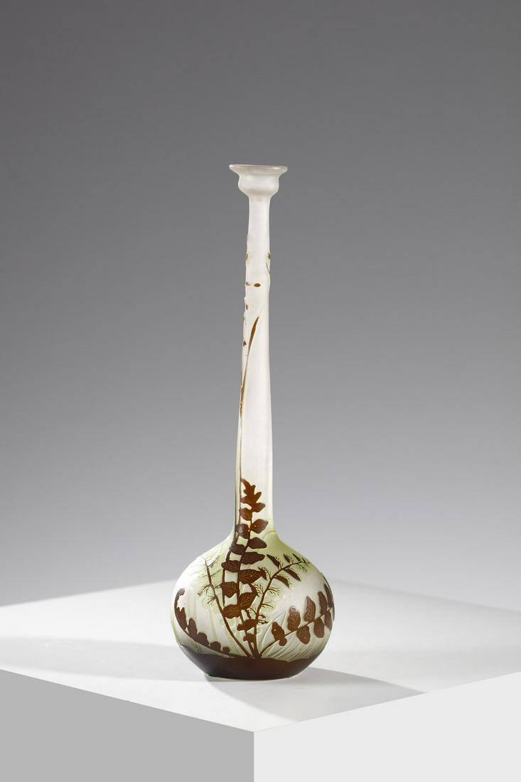 GALLÃ‰ Soliflore vase in double glass, decoration of leaves in shades of brown, finely etched with (1 of 4)
