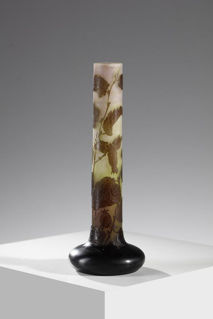 GALLÃ‰ Cylindrical vase with bulb base in double glass, decoration of leaves in shades of brown, (1 of 5)