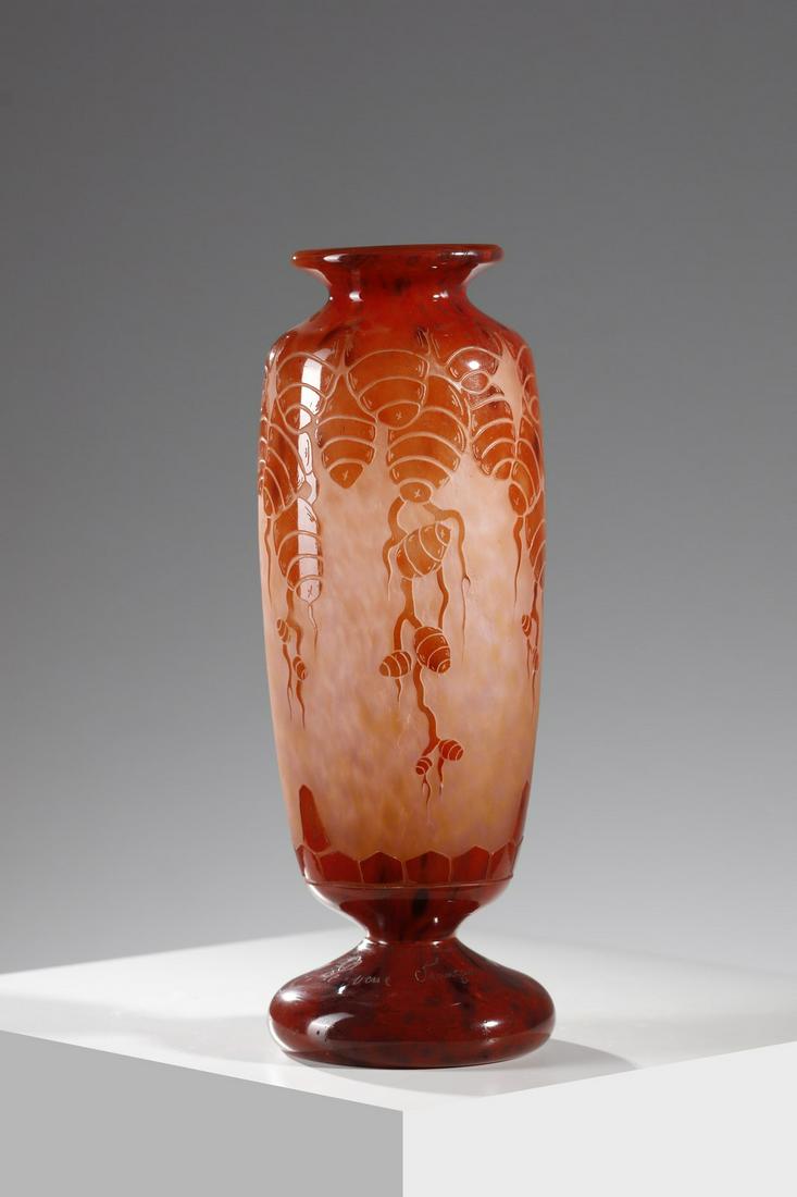 SCHNEIDER Cedres vase, in double glass, in orange tones, decorated with cedars. (1 of 4)