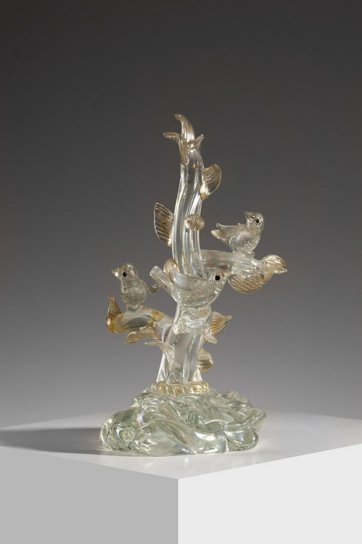BAROVIER & TOSO Tree with birds.: Tree with birds. Murano glass.. Cm 21,00 x 38,00 x 22,00.