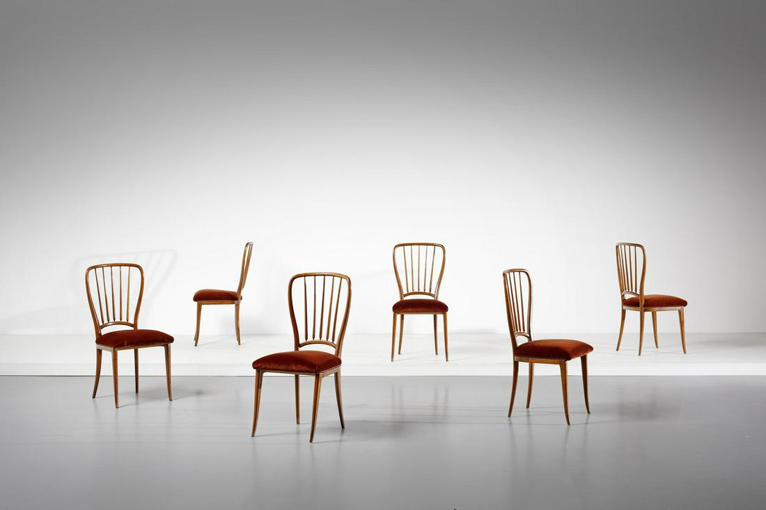 MELCHIORRE BEGA in the style of. Six chairs.: in the style of. Six chairs. Wood, brass and padded velvet.. Cm 45,00 x 95,00 x 50,00. 1950s.