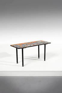 ELIO SCHIAVON Coffee table.: Coffee table. Painted metal and polychrome terracotta.. Cm 75,00 x 37,00 x 30,00.