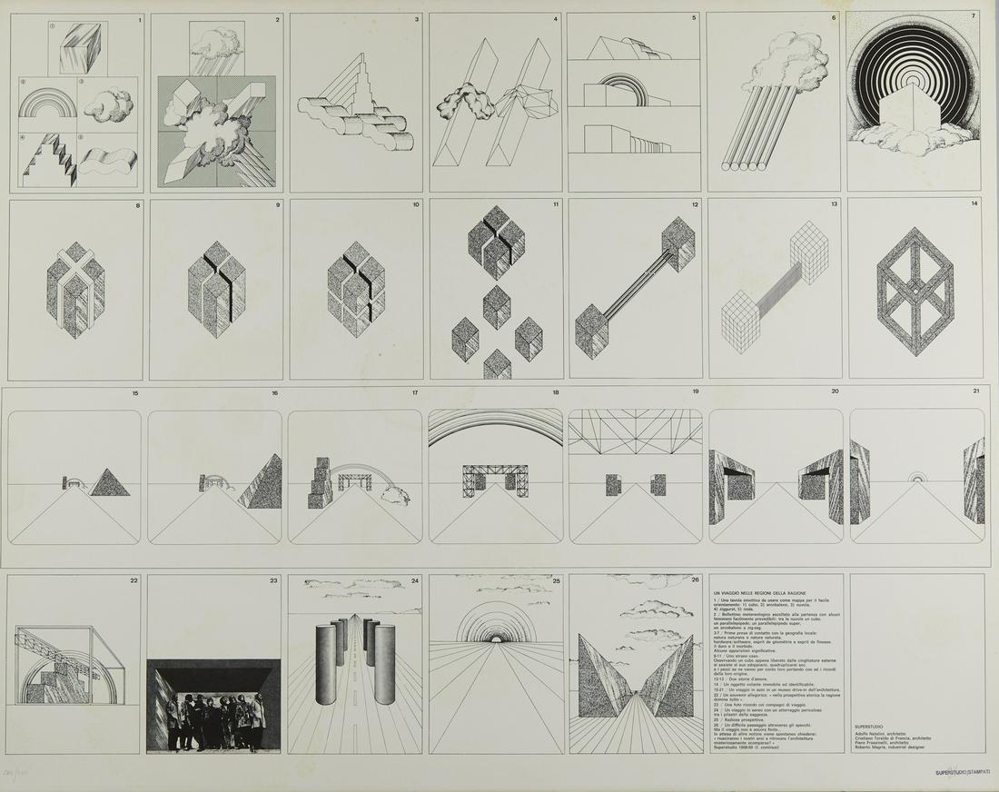 SUPERSTUDIO Un viaggio nelle regioni della ragione.: Un viaggio nelle regioni della ragione. Lithograph. Cm 86,50 x 68,50. 284/500. Edition and signature lower in pencil. Title and year lower in print. Superstudio stamp lower right. Plura Edition, Milan