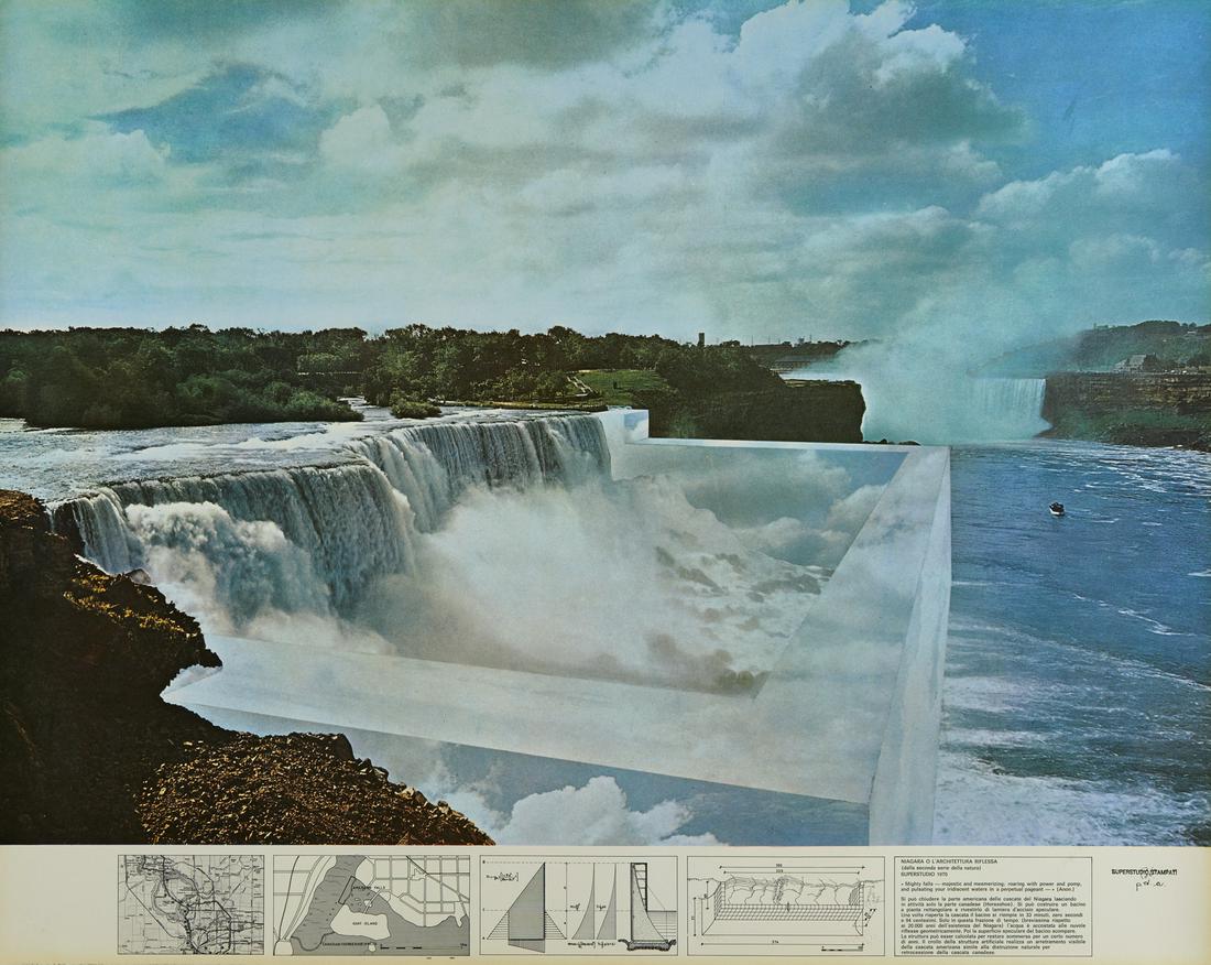 SUPERSTUDIO Niagara.: Niagara. 1970. Offset lithograph on coated paper. Cm 86,50 x 69,00. P.d.a. Edition and signature A. Natalini lower right in pen. Title and year in stamp. Plura Edition dry stamp lower left. Publicatio