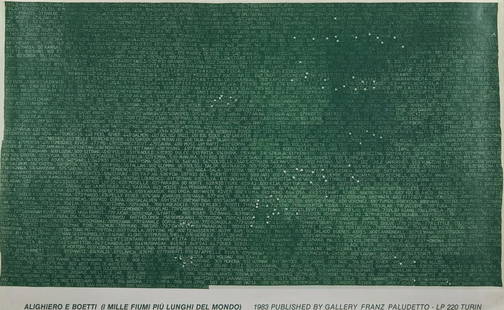 ALIGHIERO BOETTI I mille fiumi più lunghi del mondo.: I mille fiumi più lunghi del mondo. 1983. Poster. Cm 135,00 x 85,50. In 1977 Boetti published the volume Classifying, the thousand longest rivers in the world, in which he collects the complete cla