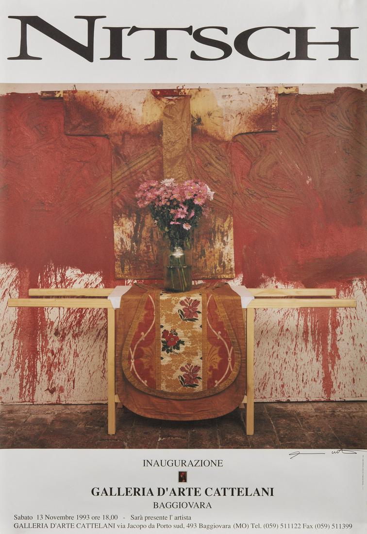 HERMANN NITSCH Nitsch.: Nitsch. 1993. Poster. Cm 70,00 x 100,00. Signature in marker lower right. Poster of the retrospective by the Cattelani art gallery in Baggiovara. Golinelli Ind. Print Graf. Formigine, Modena.