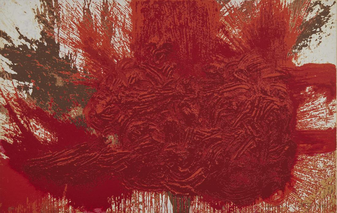 HERMANN NITSCH Untitled.: Untitled. 2001. Silkscreen printing material. Cm 94,00 x 60,00. A/P. Edition, signature and year lower in pencil. Small defects.