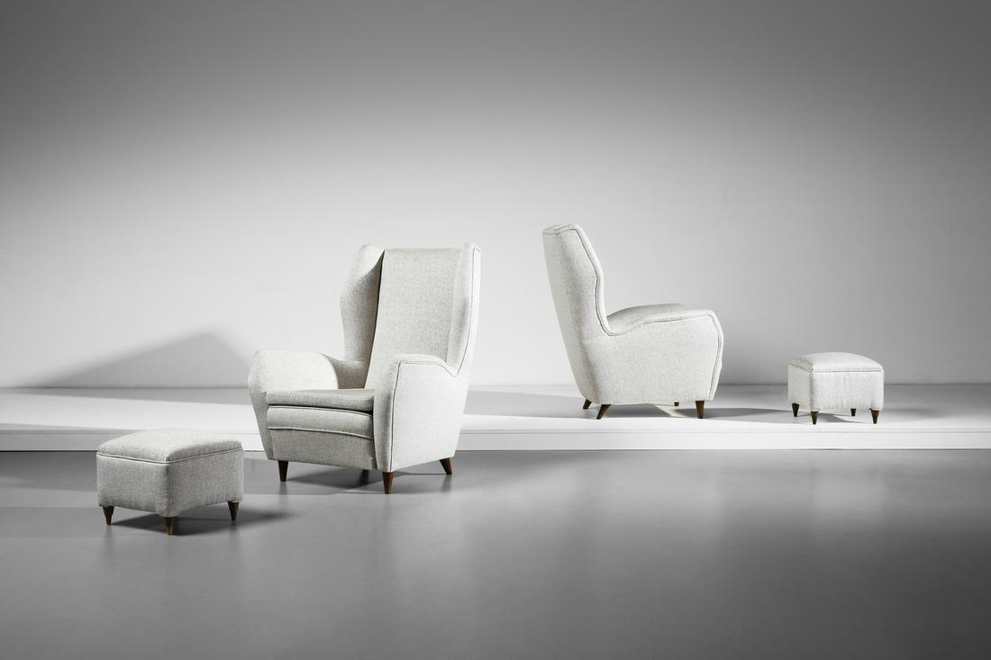 GIO PONTI Pair of armchairs with pair of footrests for ISA, Ponte San Pietro, Bergamo. (1 of 7)