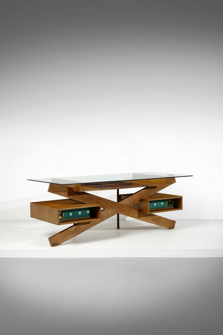 RENATO ANGELI & CLAUDIO OLIVIERI Writing desk.: Writing desk. 1951. Oak wood and Vitrex crystal.. Cm 203,00 x 78,00 x 93,00. Provenance: Private collection, Padua.