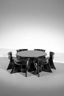 PIERLUIGI SPADOLINI, EMILIO GUARNACCI & CLAUDIO VAGNONI Boccio table with six chairs for 1PI.: Boccio table with six chairs for 1PI. 1969. Baydur polyurethane.. Cm 140,00 x 72,00 x 140,00. Literature: G. Gramigna, Repertorio del design italiano 1950-1980, Mondadori, 1985, p. 366Chairs: 69 x 45