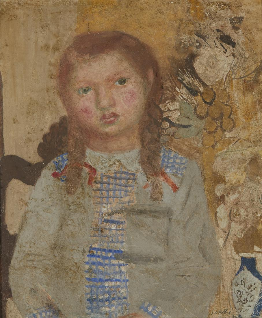 BRUNO SAETTI Bambina con fiori.: Bambina con fiori. 1943. Fresco on board. Cm 45,00 x 54,00. Signature and year lower right. At the back signature, title, year Ghelfi Gallery, Vicenza, Pittori Italiani del Novecento, Milan, labels an
