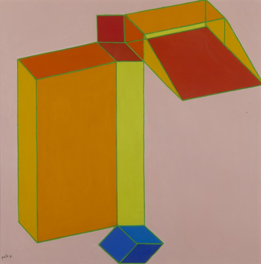 ACHILLE PERILLI Il tempo rovesciato.: Il tempo rovesciato. 1991. Oil on canvas . Cm 50,00 x 50,00. Signature and year lower left. At the back title, signature and year, Artist's authenticity certificate on photo.Meeting Art authenticity c