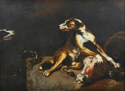 FRANS SNYDERS Workshop of. Two dogs competing for an ox head.: Workshop of. Two dogs competing for an ox head. Oil on canvas . Cm 173,50 x 128,00. Provenance: Private collection, Genoa. Frame present