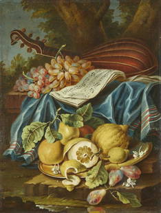 MAXIMILIAN PFEILER Still life with tray of citrus fruits, pears and jasmines, musical: MAXIMILIAN PFEILER (1656-1746) Still life with tray of citrus fruits, pears and jasmines, musical instrument and grapes. Oil on canvas . Cm 50,20 x 66,00. We thank Gianluca Bocchi for confirming the a