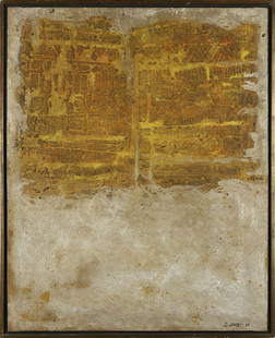 DOMENICO GNOLI Composizione.: Composizione. 1961. Oil and sand on canvas. Cm 100,00 x 125,00. Signature and year lower right. At the back Giulia Gallery, Rome. Exhibition: Domenico Gnoli, Giulia Gallery, Rome, April 1961.