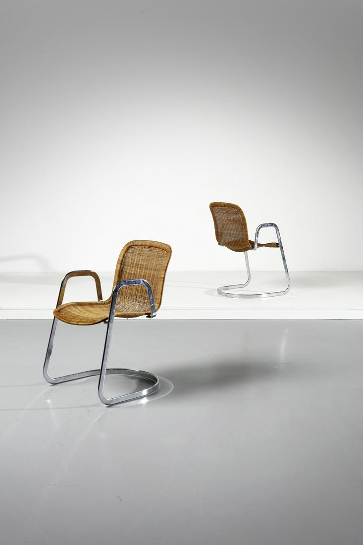 WILLY RIZZO attributed. Pair of armchairs for Cidue.: attributed. Pair of armchairs for Cidue. Metal and wicker.. Cm 50,00 x 80,00 x 50,00. 1970s.