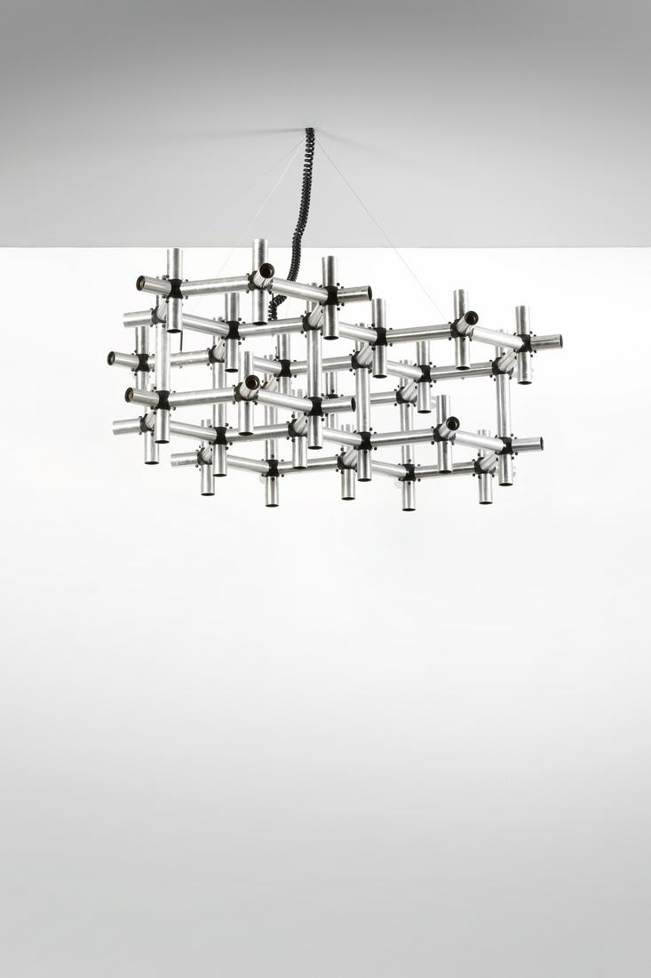 ROBERT HAUSSMANN Atomic ceiling lamp for Swiss Lamp.: Atomic ceiling lamp for Swiss Lamp. 1969. Chromed metal.. Cm 160,00 x 48,00 x 108,00.