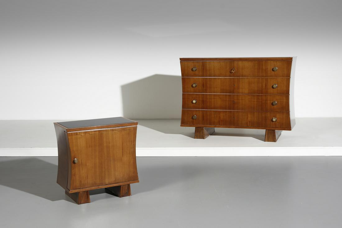 GIOVANNI GUERRINI attributed. Chest of drawers with bedside table for Ebanisteria R. Amaducci,: attributed. Chest of drawers with bedside table for Ebanisteria R. Amaducci, Cesena. Walnut and glass.. Cm 130,00 x 95,00 x 55,00. 1950s. Bedside table: 62 x 62 x 38 cm