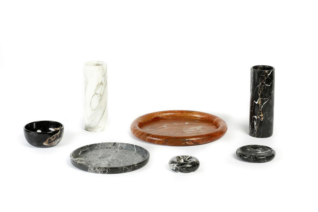 EGIDIO DI ROSA, ALESSANDRO GIUSTI & SERGIO ASTI Pair of vases and five empty pockets for Up&Up.: Pair of vases and five empty pockets for Up&Up. Marble. Cm 10,00 x 28,00. Large plate: 40 x 40 cmSmall bowl: 8 x 16 cm