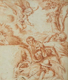 SIMONE CANTARINI Attributed to. The announcement to the shepherds / Hercules and the Hydra.: Attributed to. The announcement to the shepherds / Hercules and the Hydra. Sanguine on paper . Cm 20,50 x 25,00. Defects.Provenance: Christie's London, 2 December 1969; Private collection, Parma.