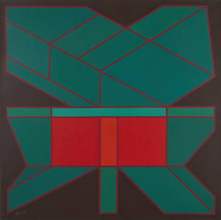 ACHILLE PERILLI L'ombra della geometria.: L'ombra della geometria. 2015. Acrylic on canvas. Cm 100,00 x 100,00. Signature and year lower left. At the back title, signature and year. Publication: Achille Perilli - Catalogo generale dei dipinti