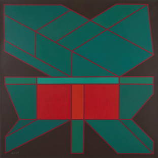 ACHILLE PERILLI L'ombra della geometria.: L'ombra della geometria. 2015. Acrylic on canvas. Cm 100,00 x 100,00. Signature and year lower left. At the back title, signature and year. Publication: Achille Perilli - Catalogo generale dei dipinti